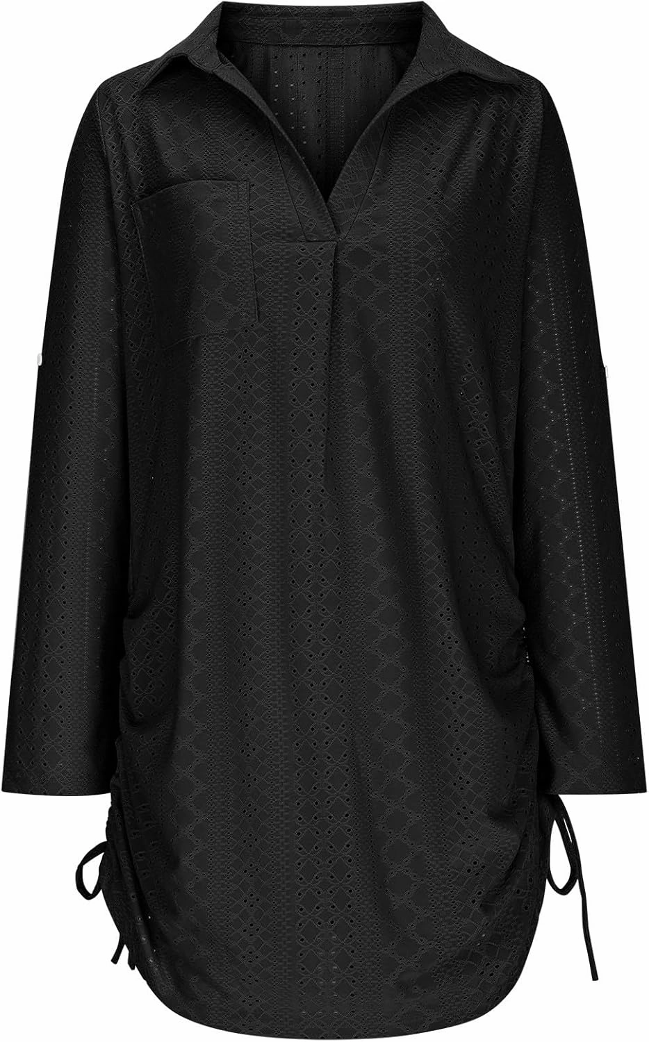 Summer Eyelet Beach Cover Up Dress for Women Lapel V Neck Roll Up Long Sleeve Drawstring Side Ruched Short Mini Dresses
