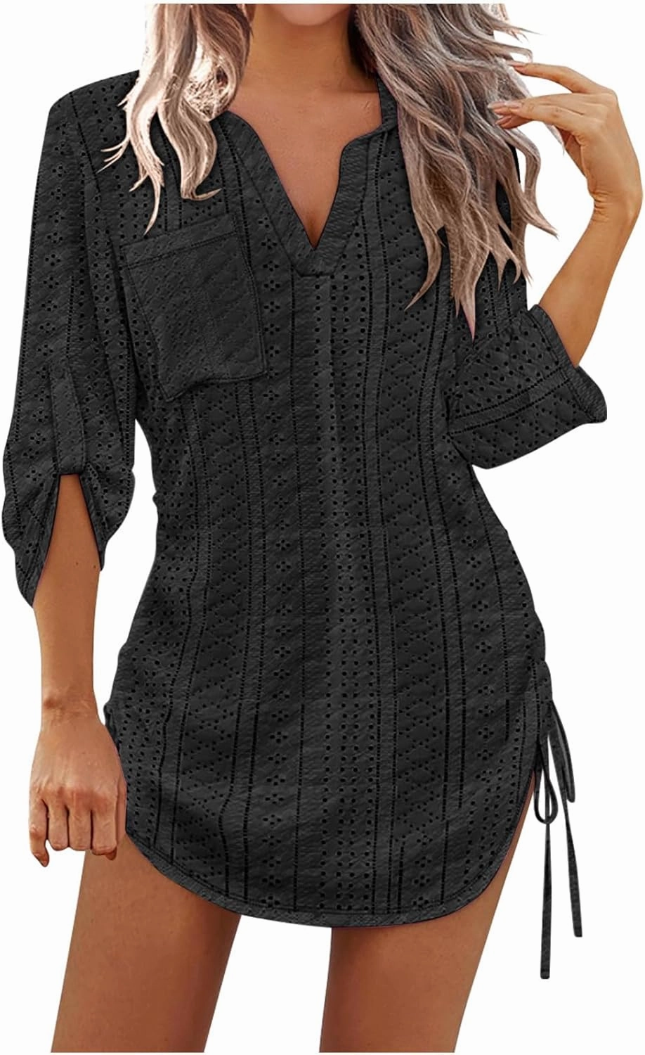 Summer Eyelet Beach Cover Up Dress for Women Lapel V Neck Roll Up Long Sleeve Drawstring Side Ruched Short Mini Dresses