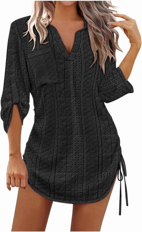 Summer Eyelet Beach Cover Up Dress for Women Lapel V Neck Roll Up Long Sleeve Drawstring Side Ruched Short Mini Dresses