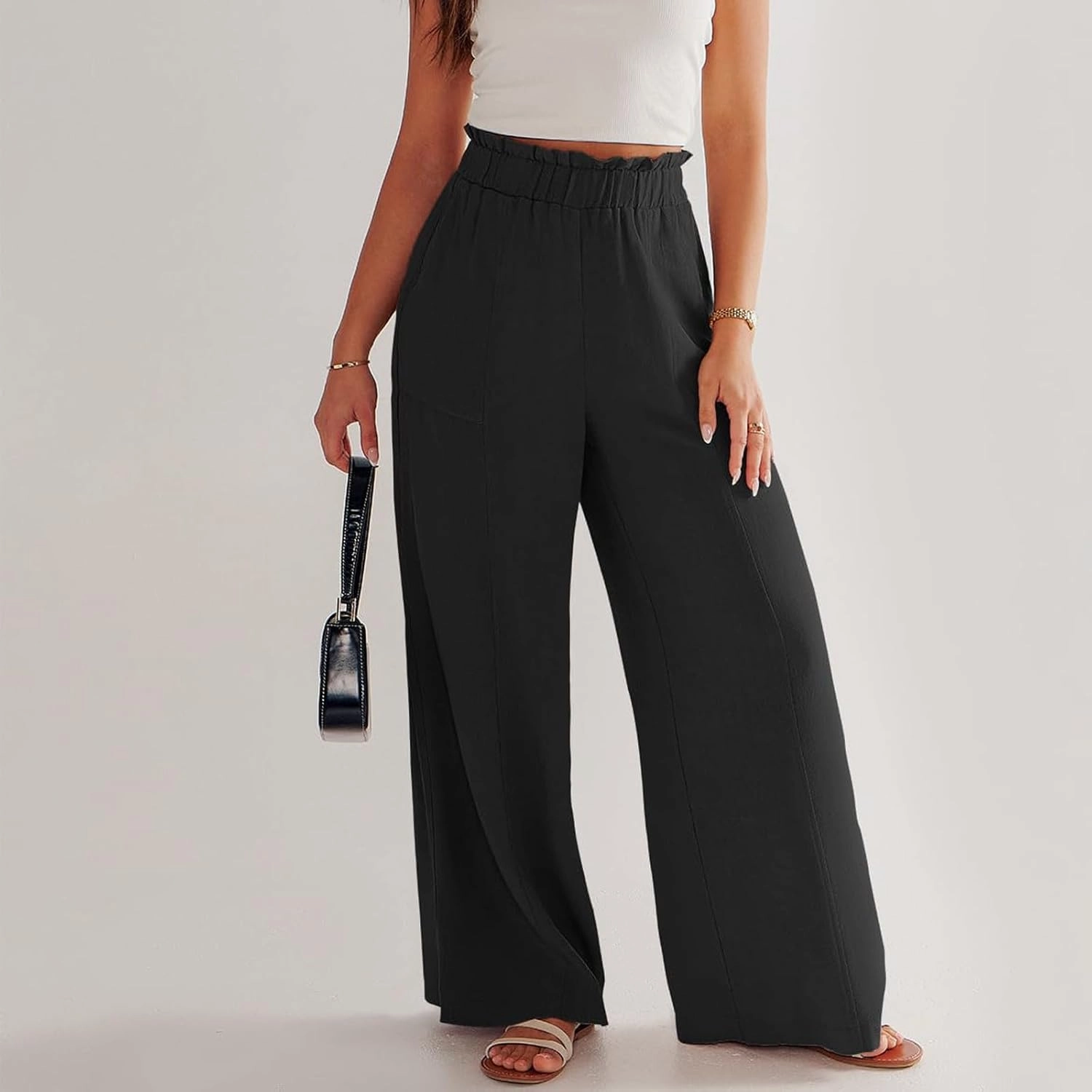 Summer Pants for Women 2025 Vacation Elastic High Waisted Paper Bag Linen Pants Trendy Travel Vacation Trouser with Pockets