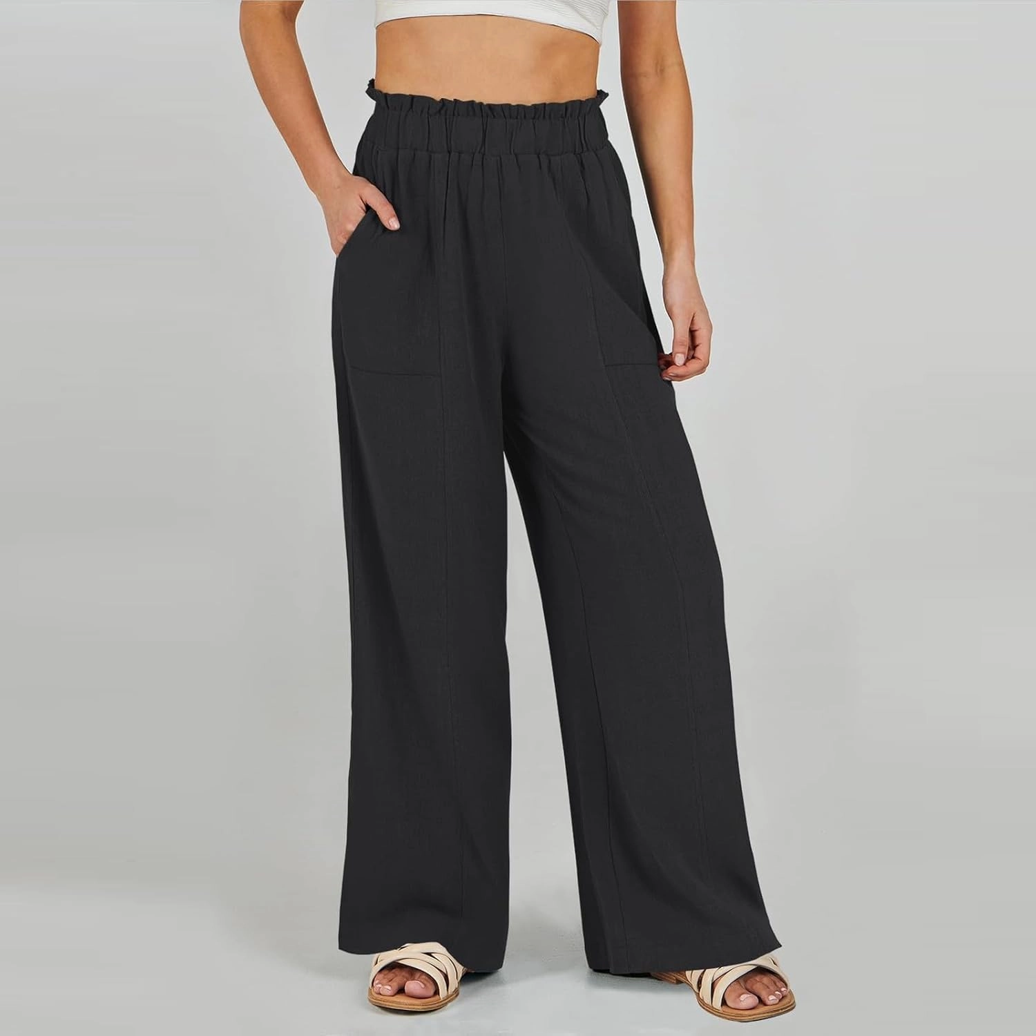 Summer Pants for Women 2025 Vacation Elastic High Waisted Paper Bag Linen Pants Trendy Travel Vacation Trouser with Pockets