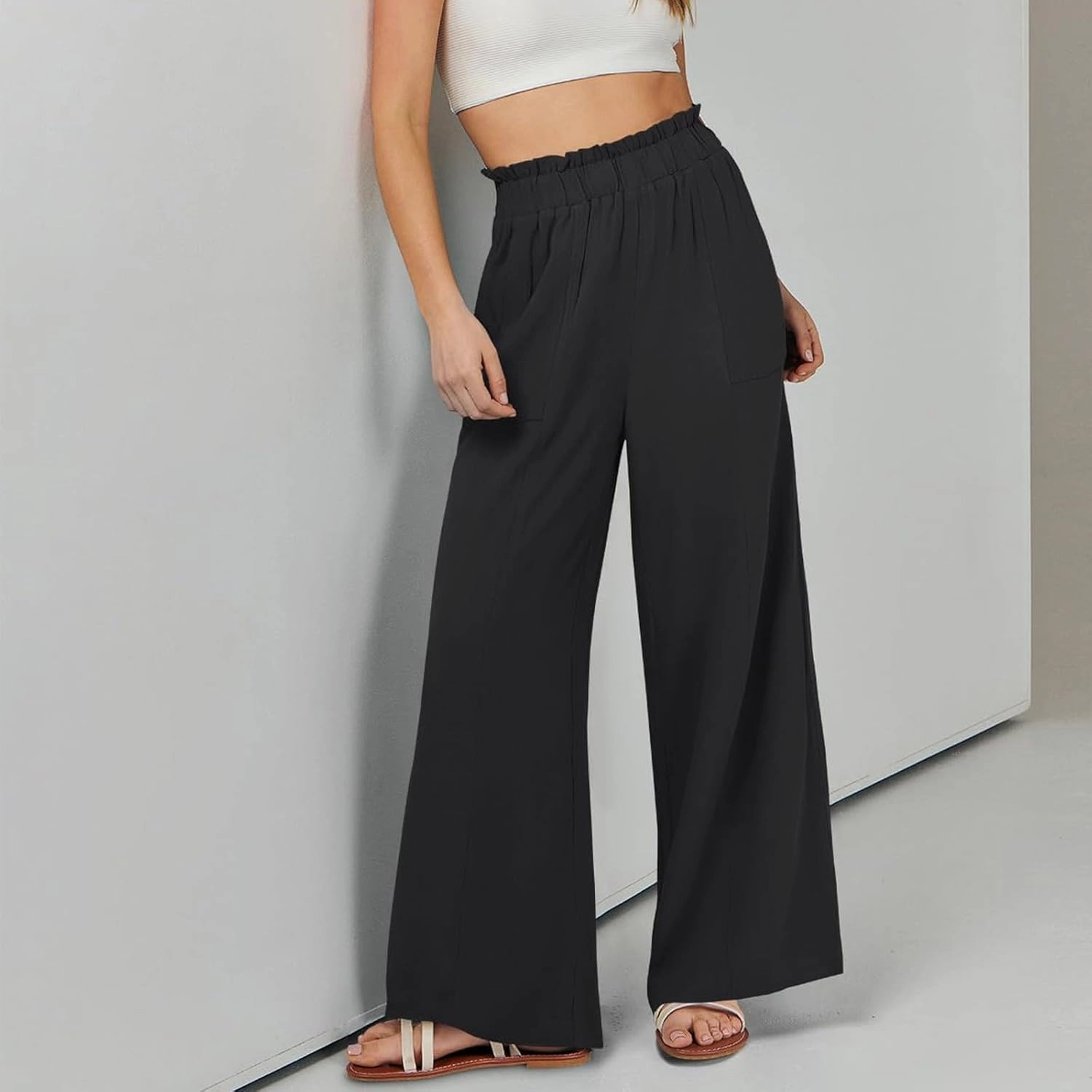 Summer Pants for Women 2025 Vacation Elastic High Waisted Paper Bag Linen Pants Trendy Travel Vacation Trouser with Pockets