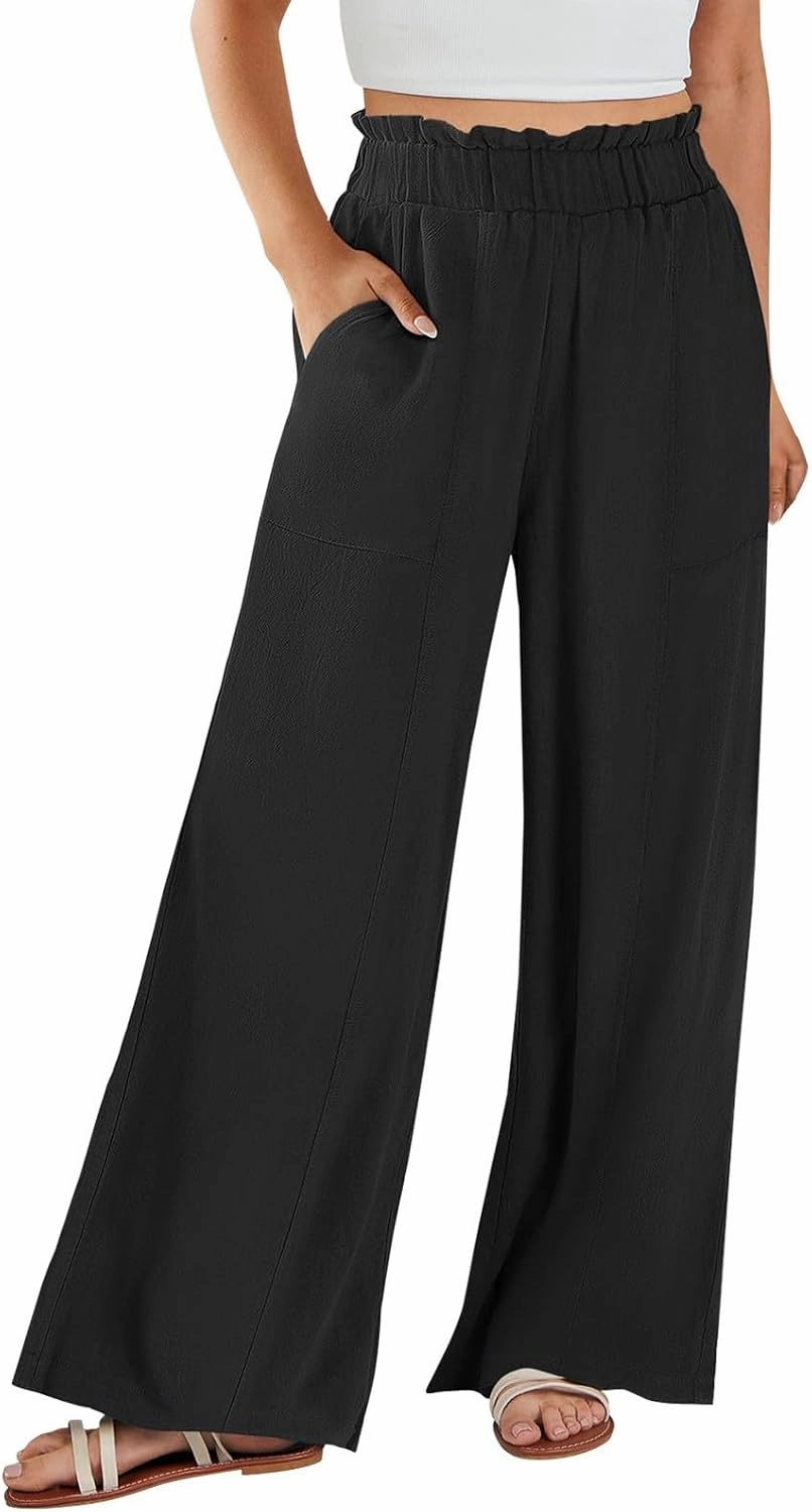 Summer Pants for Women 2025 Vacation Elastic High Waisted Paper Bag Linen Pants Trendy Travel Vacation Trouser with Pockets