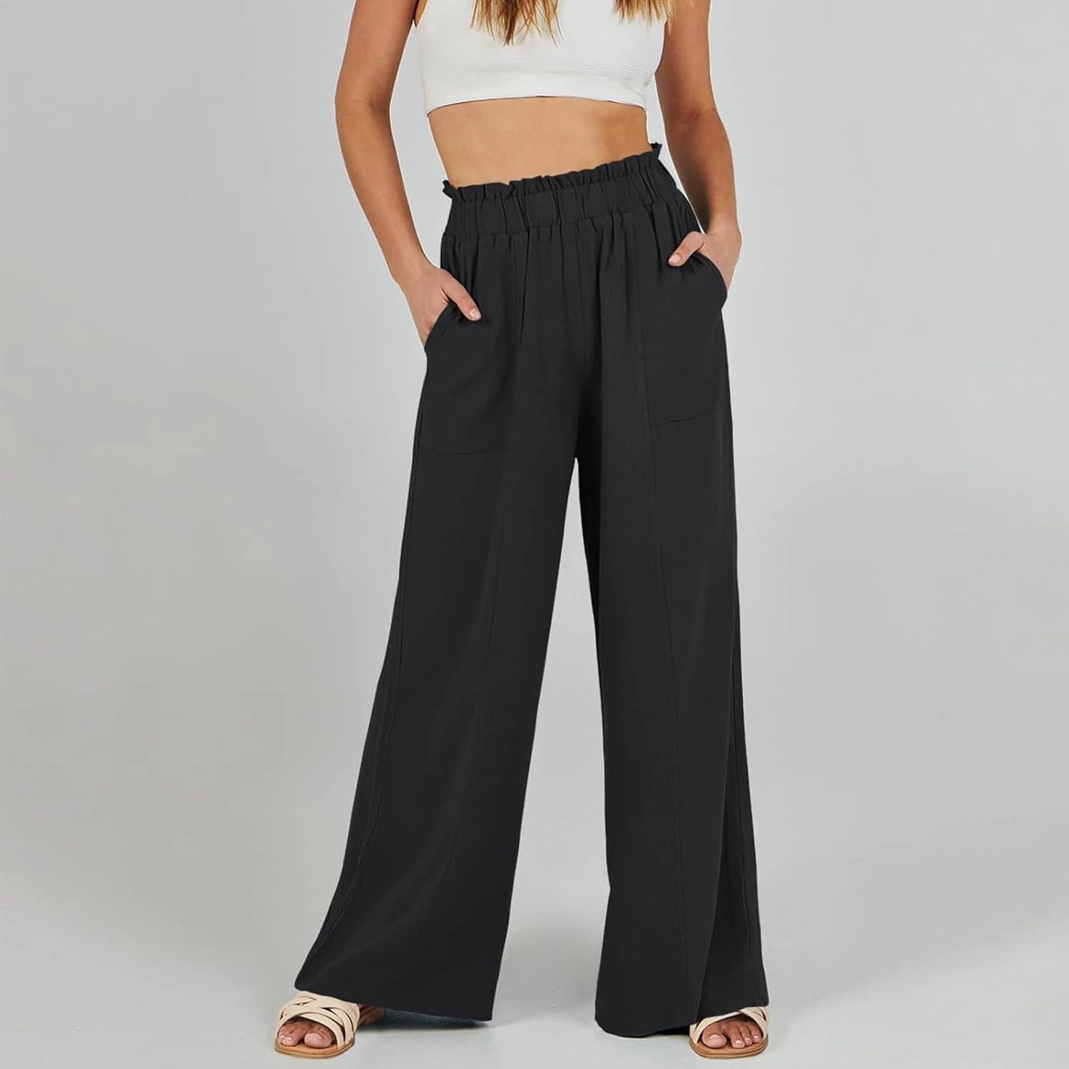 Summer Pants for Women 2025 Vacation Elastic High Waisted Paper Bag Linen Pants Trendy Travel Vacation Trouser with Pockets