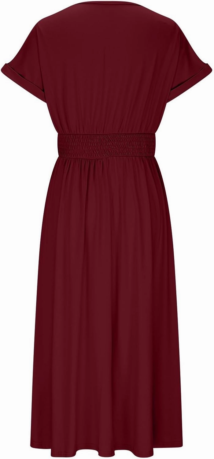 Summer Womens Midi Dresses Casual Roll Up Short Sleeve Ruched Wrap V Neck Empire Waist Flowy Pleated A Line Swing Dress