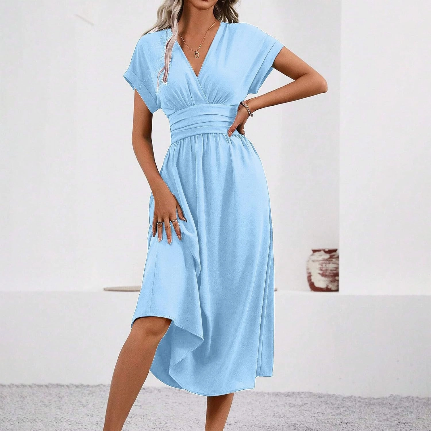 Summer Womens Midi Dresses Casual Roll Up Short Sleeve Ruched Wrap V Neck Empire Waist Flowy Pleated A Line Swing Dress