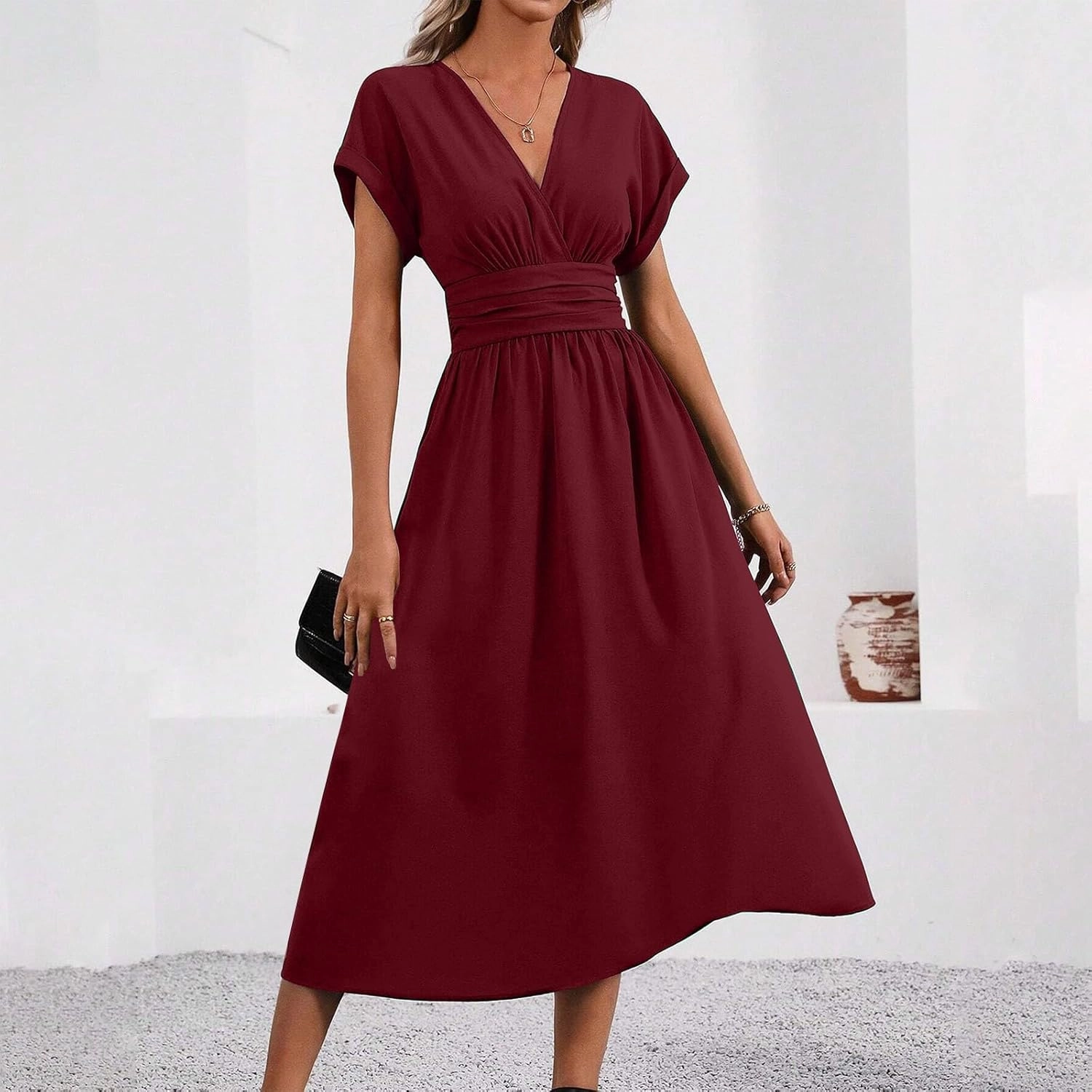 Summer Womens Midi Dresses Casual Roll Up Short Sleeve Ruched Wrap V Neck Empire Waist Flowy Pleated A Line Swing Dress