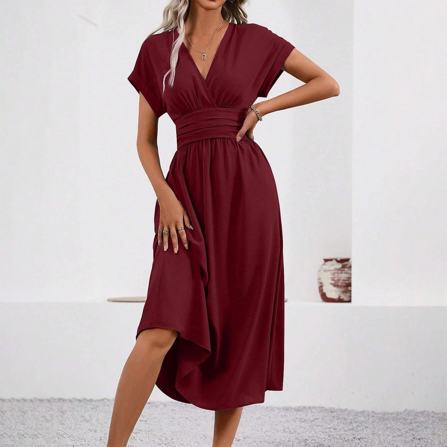 Summer Womens Midi Dresses Casual Roll Up Short Sleeve Ruched Wrap V Neck Empire Waist Flowy Pleated A Line Swing Dress