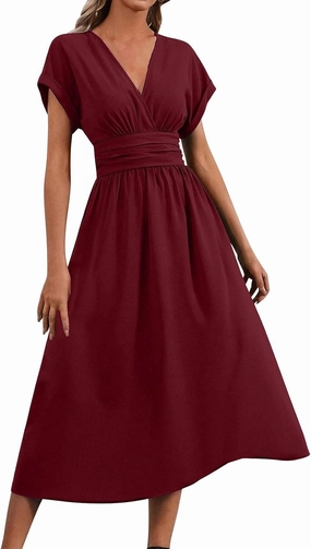 Summer Womens Midi Dresses Casual Roll Up Short Sleeve Ruched Wrap V Neck Empire Waist Flowy Pleated A Line Swing Dress