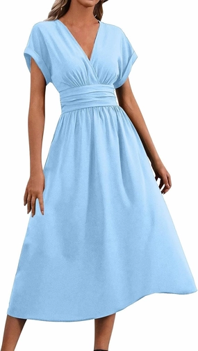 Summer Womens Midi Dresses Casual Roll Up Short Sleeve Ruched Wrap V Neck Empire Waist Flowy Pleated A Line Swing Dress