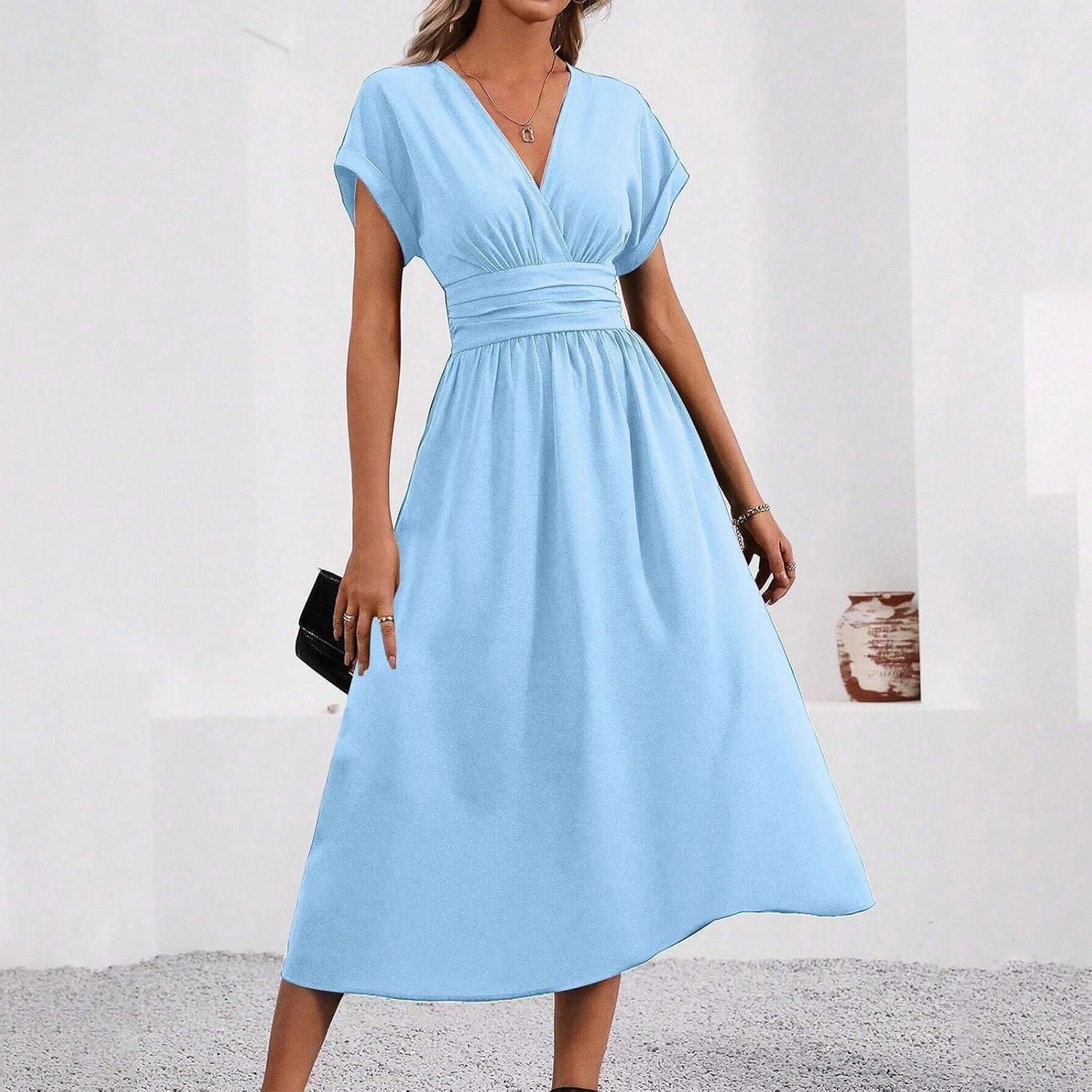 Summer Womens Midi Dresses Casual Roll Up Short Sleeve Ruched Wrap V Neck Empire Waist Flowy Pleated A Line Swing Dress