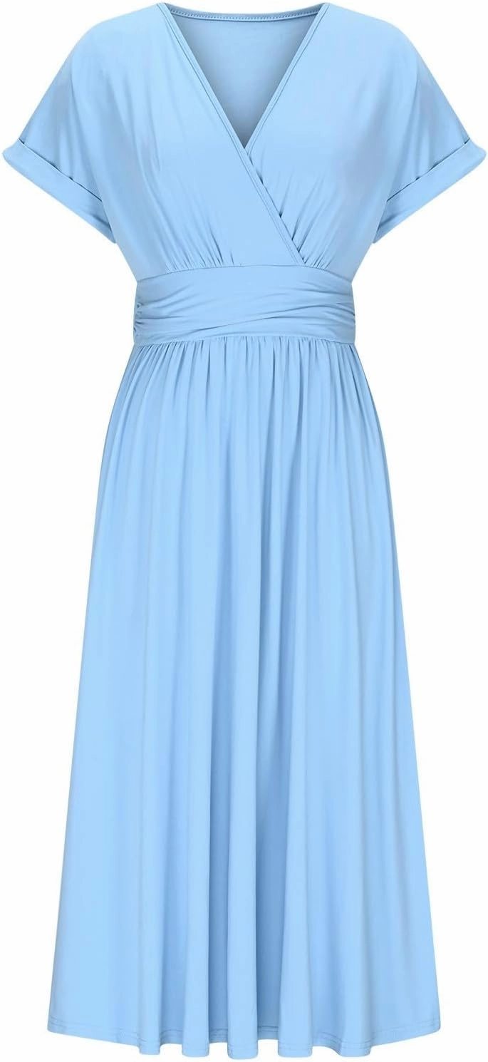 Summer Womens Midi Dresses Casual Roll Up Short Sleeve Ruched Wrap V Neck Empire Waist Flowy Pleated A Line Swing Dress
