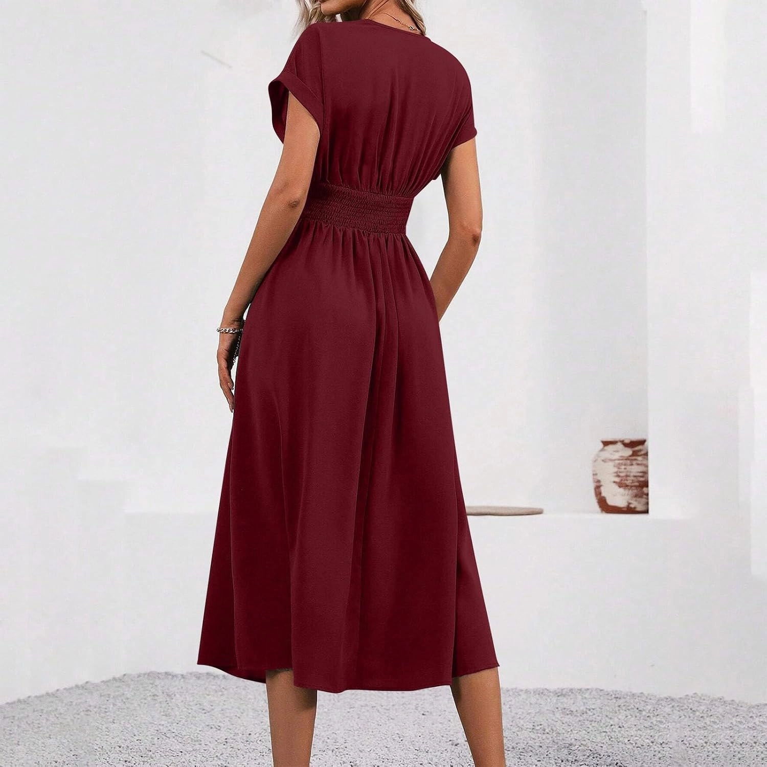Summer Womens Midi Dresses Casual Roll Up Short Sleeve Ruched Wrap V Neck Empire Waist Flowy Pleated A Line Swing Dress