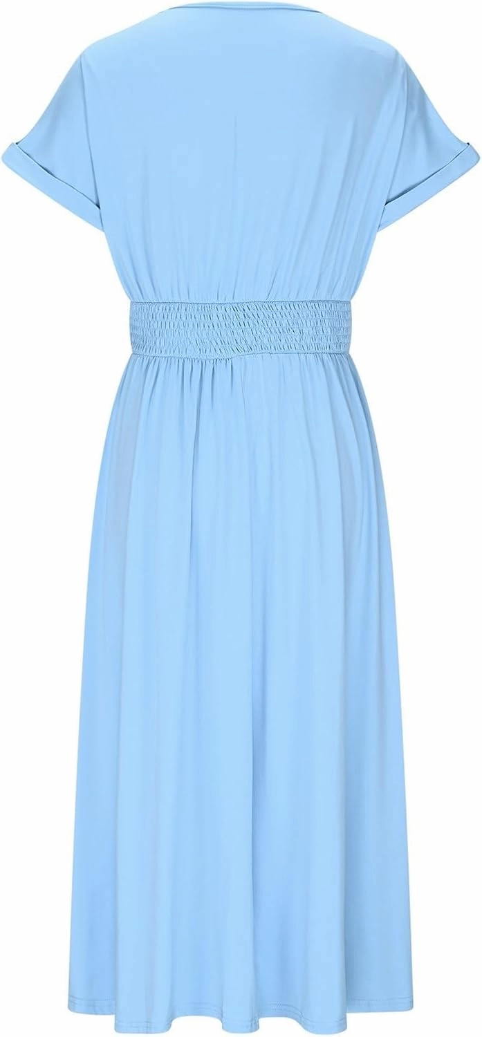 Summer Womens Midi Dresses Casual Roll Up Short Sleeve Ruched Wrap V Neck Empire Waist Flowy Pleated A Line Swing Dress
