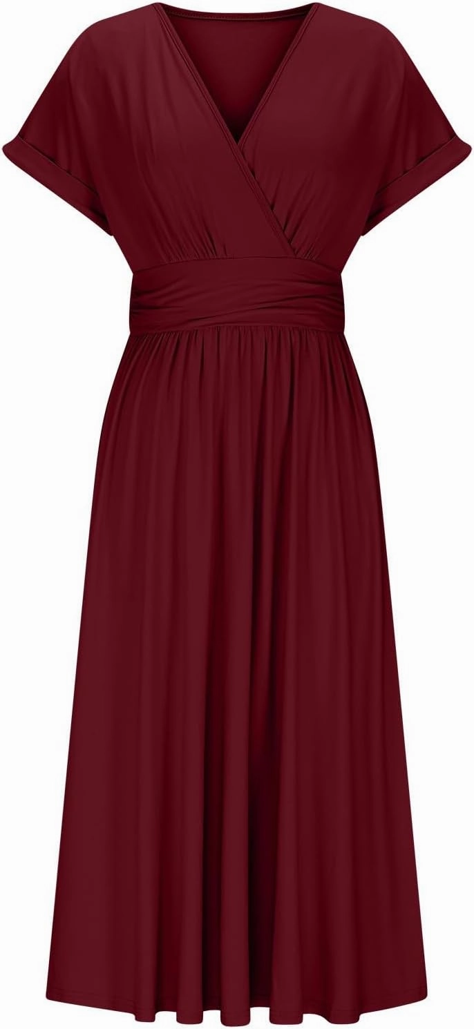 Summer Womens Midi Dresses Casual Roll Up Short Sleeve Ruched Wrap V Neck Empire Waist Flowy Pleated A Line Swing Dress