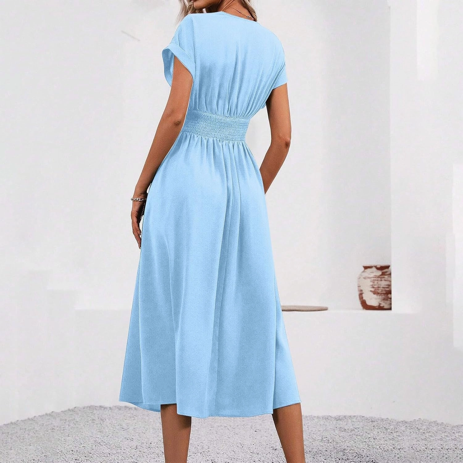 Summer Womens Midi Dresses Casual Roll Up Short Sleeve Ruched Wrap V Neck Empire Waist Flowy Pleated A Line Swing Dress