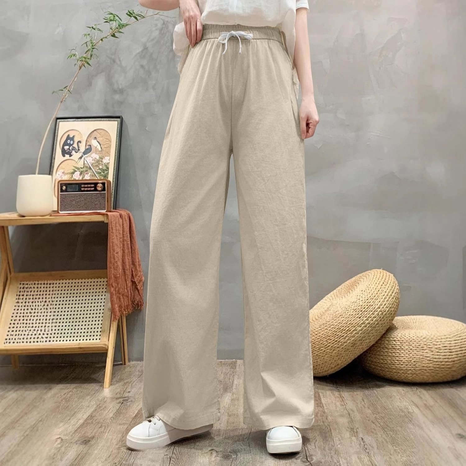 Sweatpants for Women Cotton Linen Slim Comfy High Waisted Solid Casual Trousers Straight Leg Stretchy Baggy Pants