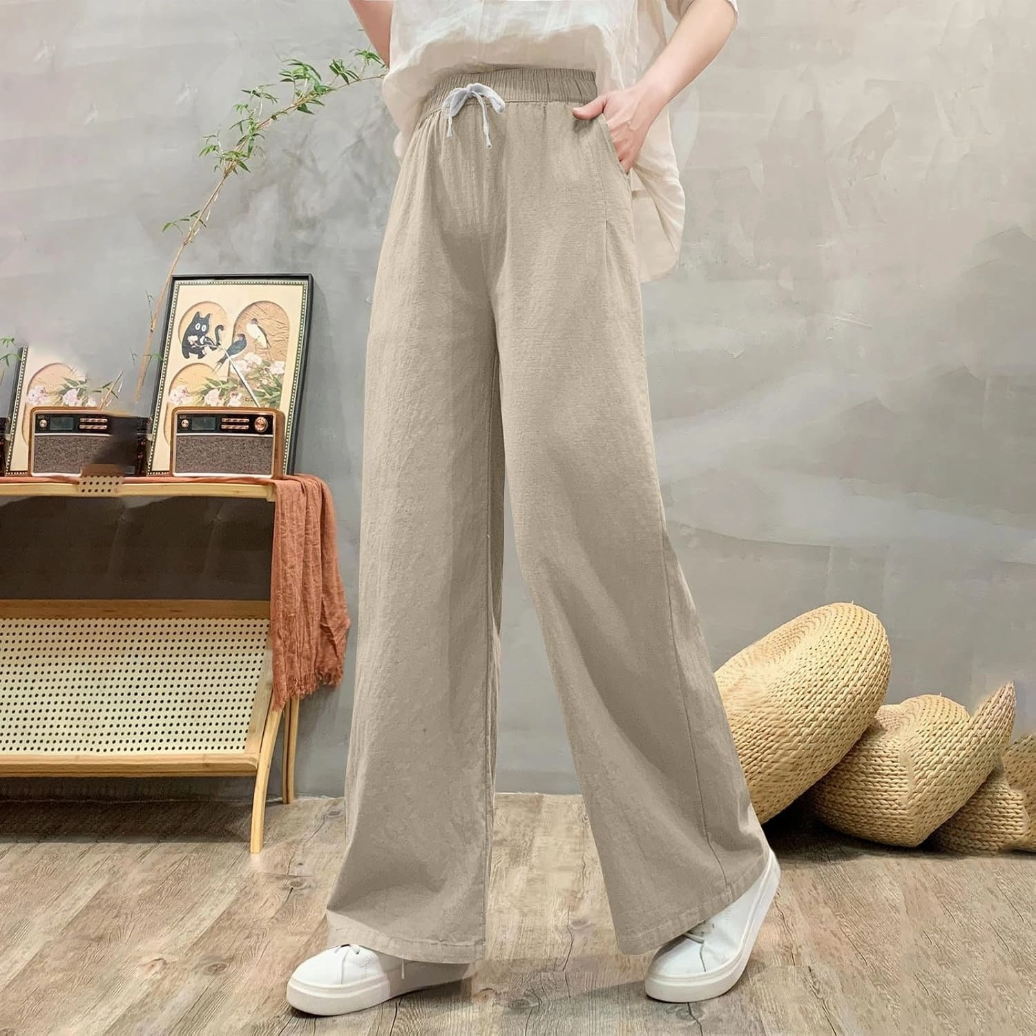 Sweatpants for Women Cotton Linen Slim Comfy High Waisted Solid Casual Trousers Straight Leg Stretchy Baggy Pants
