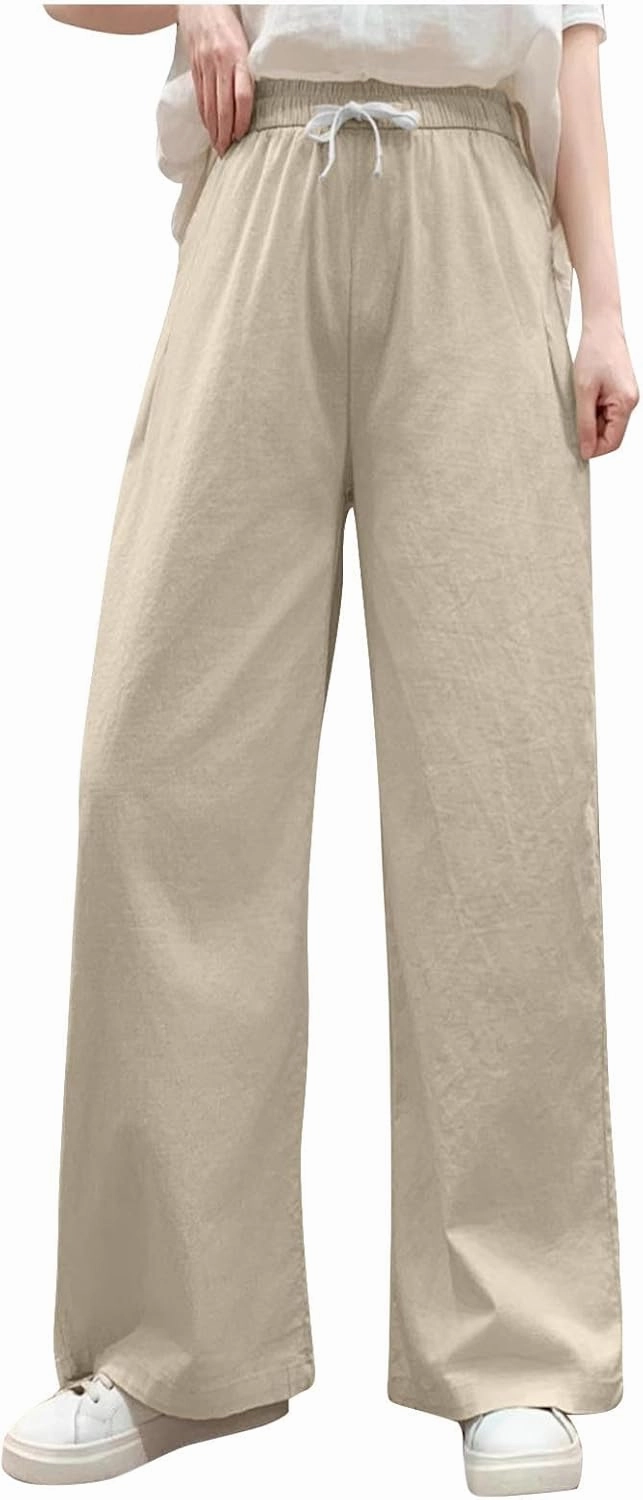 Sweatpants for Women Cotton Linen Slim Comfy High Waisted Solid Casual Trousers Straight Leg Stretchy Baggy Pants