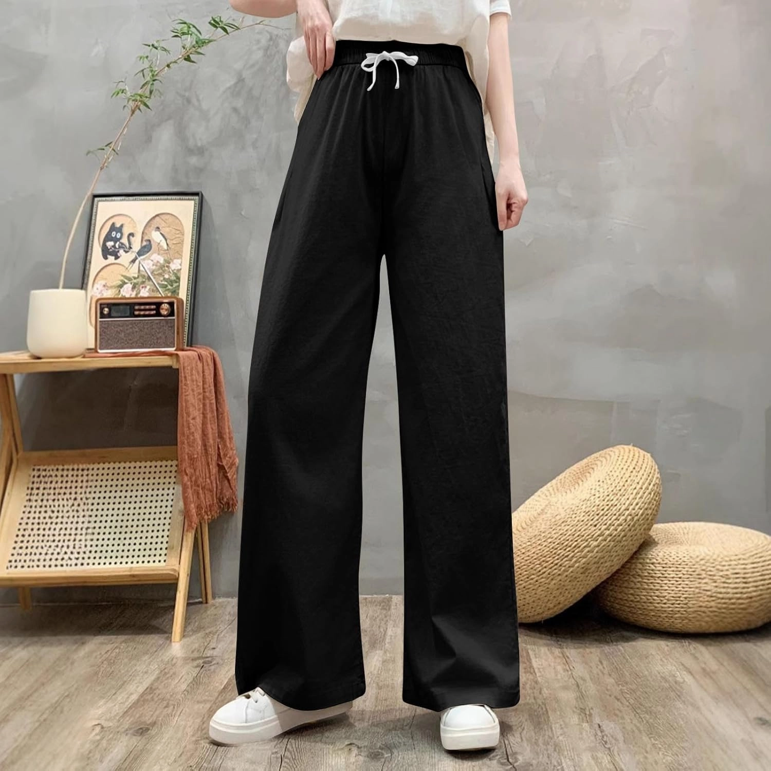 Sweatpants for Women Cotton Linen Slim Comfy High Waisted Solid Casual Trousers Straight Leg Stretchy Baggy Pants