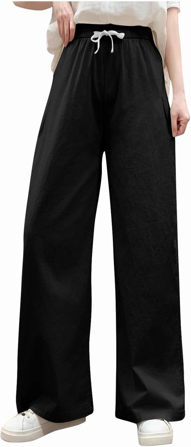 Sweatpants for Women Cotton Linen Slim Comfy High Waisted Solid Casual Trousers Straight Leg Stretchy Baggy Pants