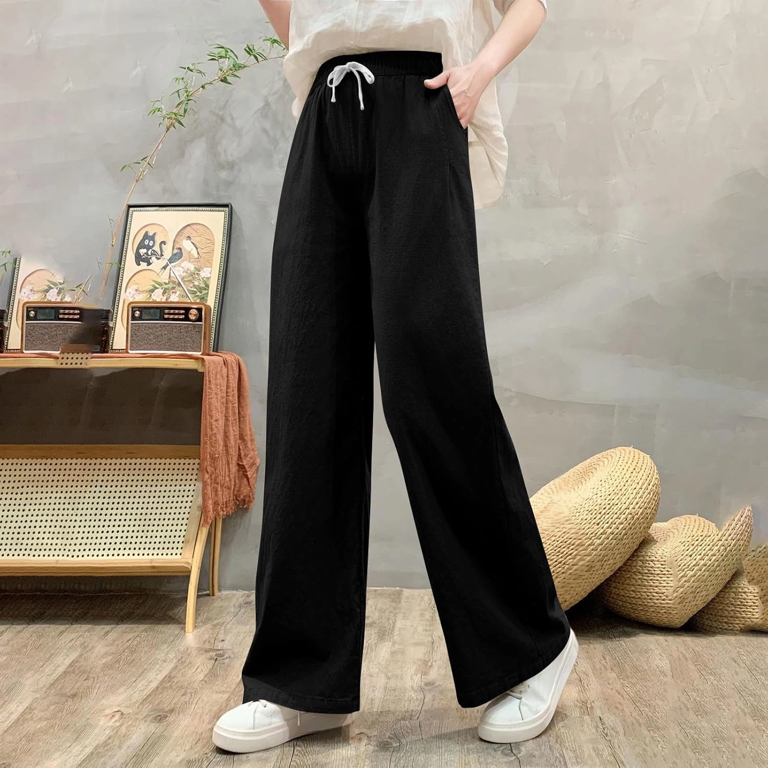 Sweatpants for Women Cotton Linen Slim Comfy High Waisted Solid Casual Trousers Straight Leg Stretchy Baggy Pants