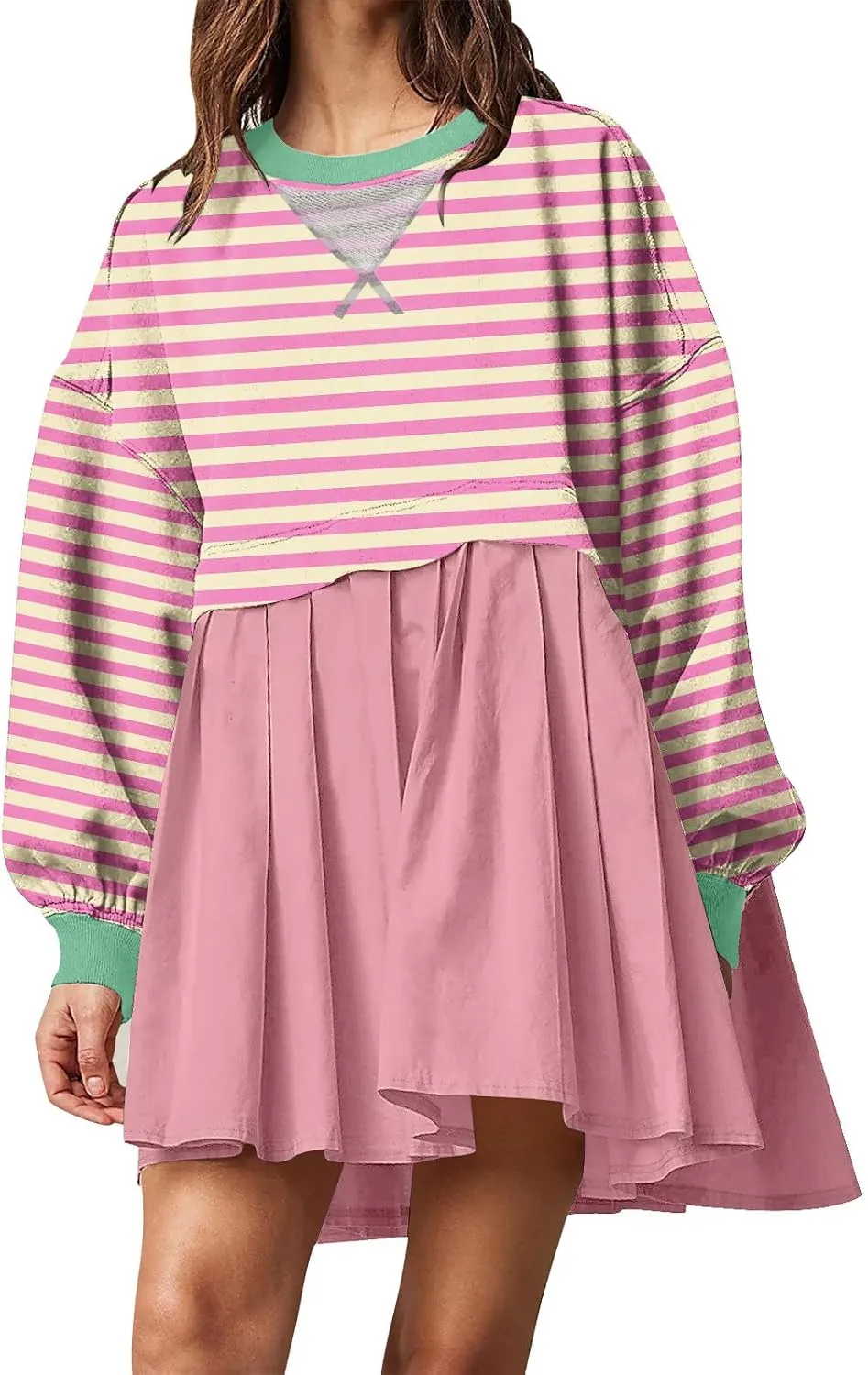 Sweatshirt Dresses for Women Striped Long Sleeve Pleated Patchwork Tops Dress Plus Size Mini Sweater Dress Fall 2024