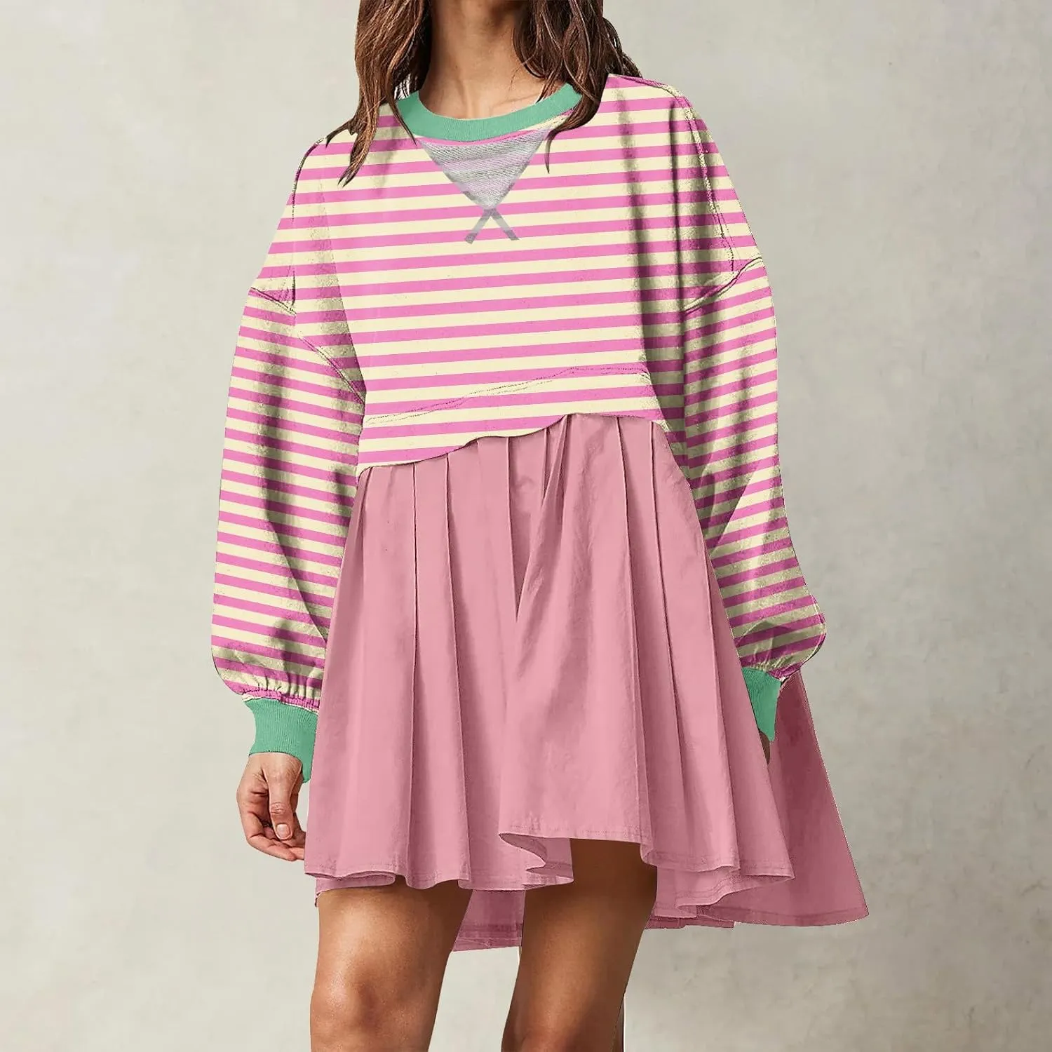 Sweatshirt Dresses for Women Striped Long Sleeve Pleated Patchwork Tops Dress Plus Size Mini Sweater Dress Fall 2024