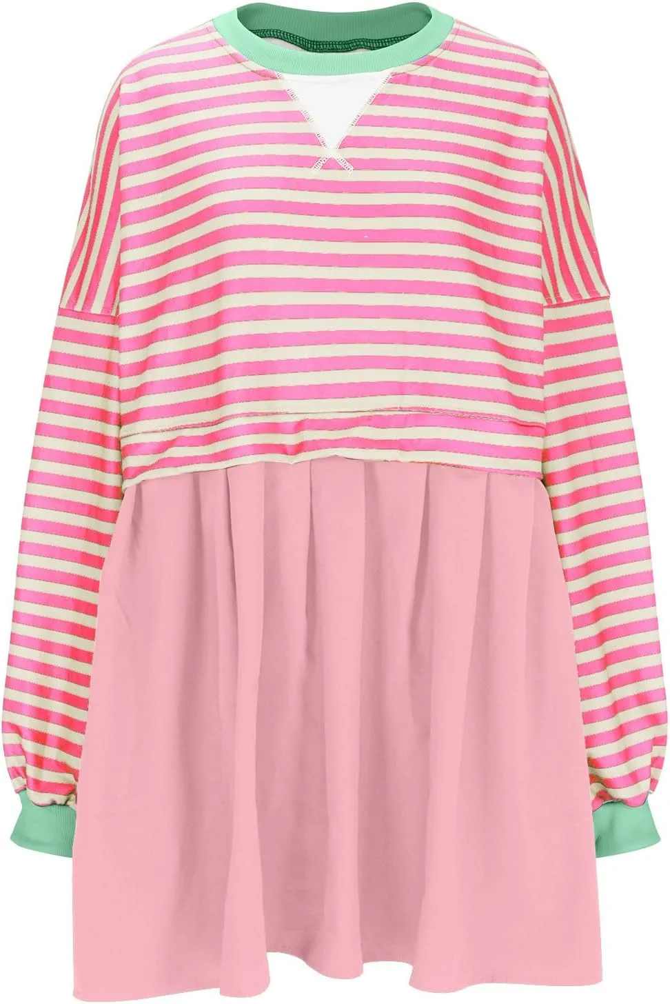 Sweatshirt Dresses for Women Striped Long Sleeve Pleated Patchwork Tops Dress Plus Size Mini Sweater Dress Fall 2024