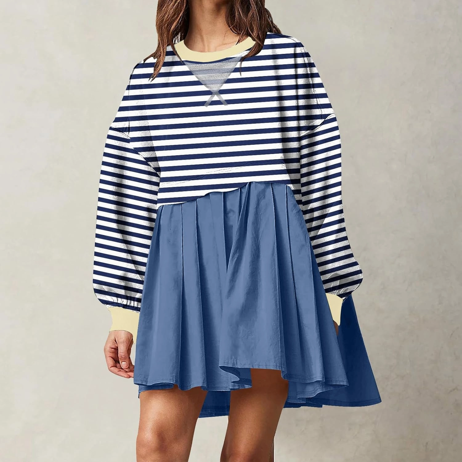Sweatshirt Dresses for Women Striped Long Sleeve Pleated Patchwork Tops Dress Plus Size Mini Sweater Dress Fall 2024