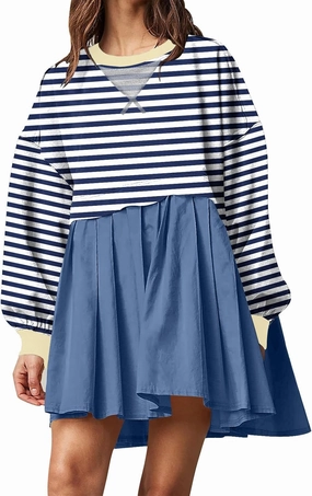 Sweatshirt Dresses for Women Striped Long Sleeve Pleated Patchwork Tops Dress Plus Size Mini Sweater Dress Fall 2024