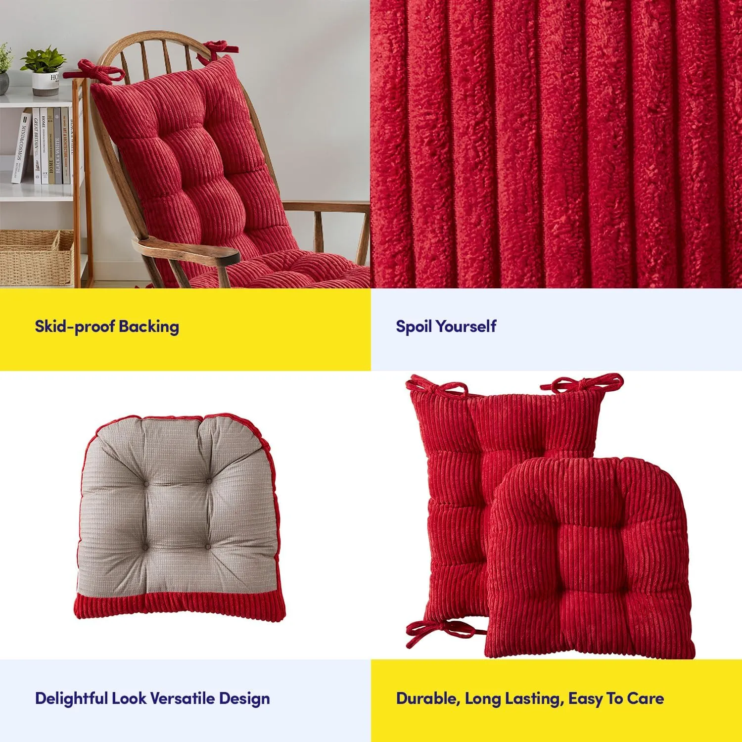 Sweet Home Collection Rocking Chair Cushion Premium Tufted Pads Non Skid Slip Backed Set of Upper and Lower with Ties, 1 Count (Pack of 1), Velvet Red