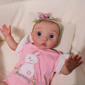 TERABITHIA 16 Inches Realistic Baby Doll Lifelike Reborn Doll with Hand Painted Hair & Blue Eyes Lifelike Newborn Preemie Girl Dolls Bunny Onesie & Floral Headband Gift Set