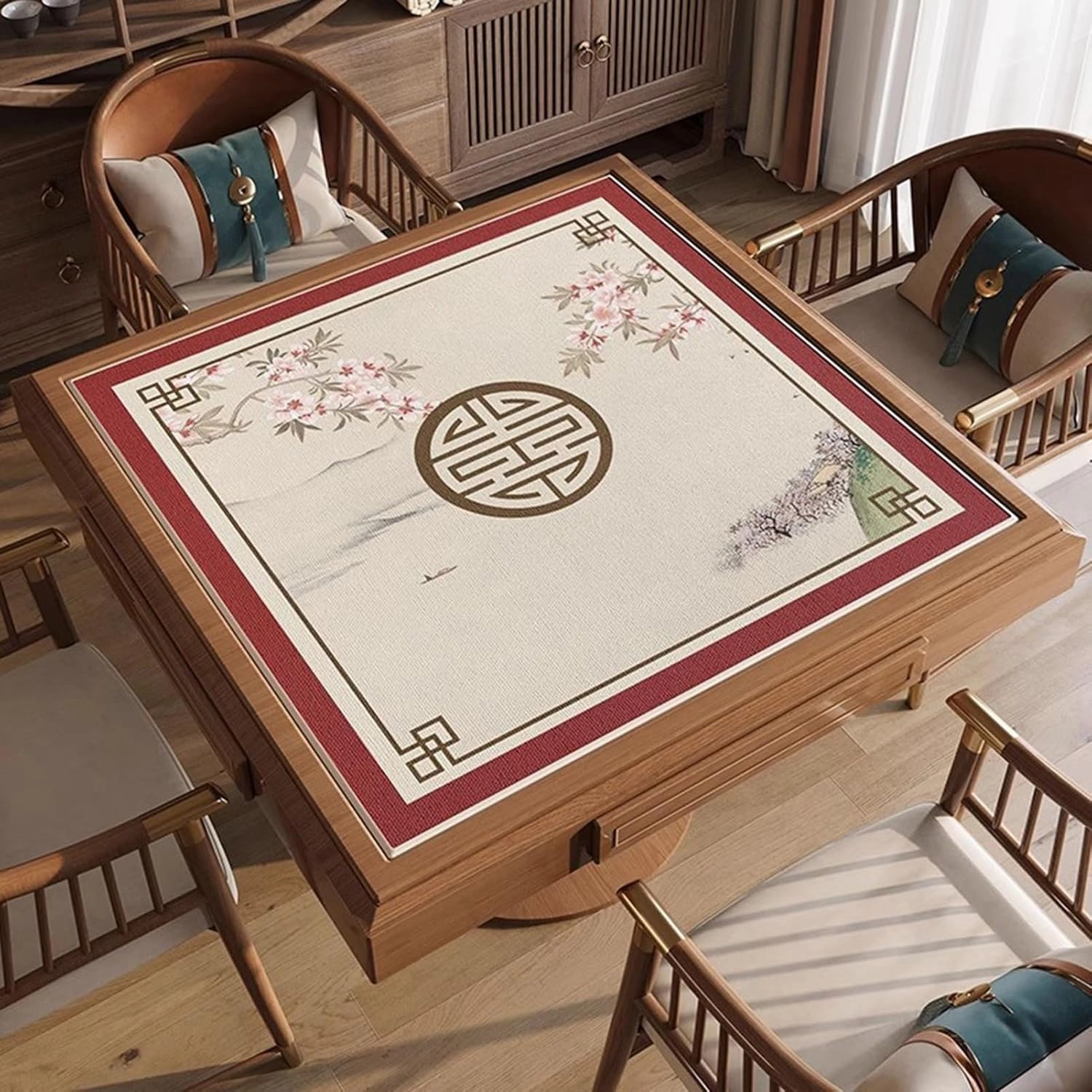 Thick Anti Slip Mahjong Mat for Family Party Games, Silent Noise Reduction Table Cover with Carrying Bag, Easy to Clean(Red 2,120 cm/47.24 in)