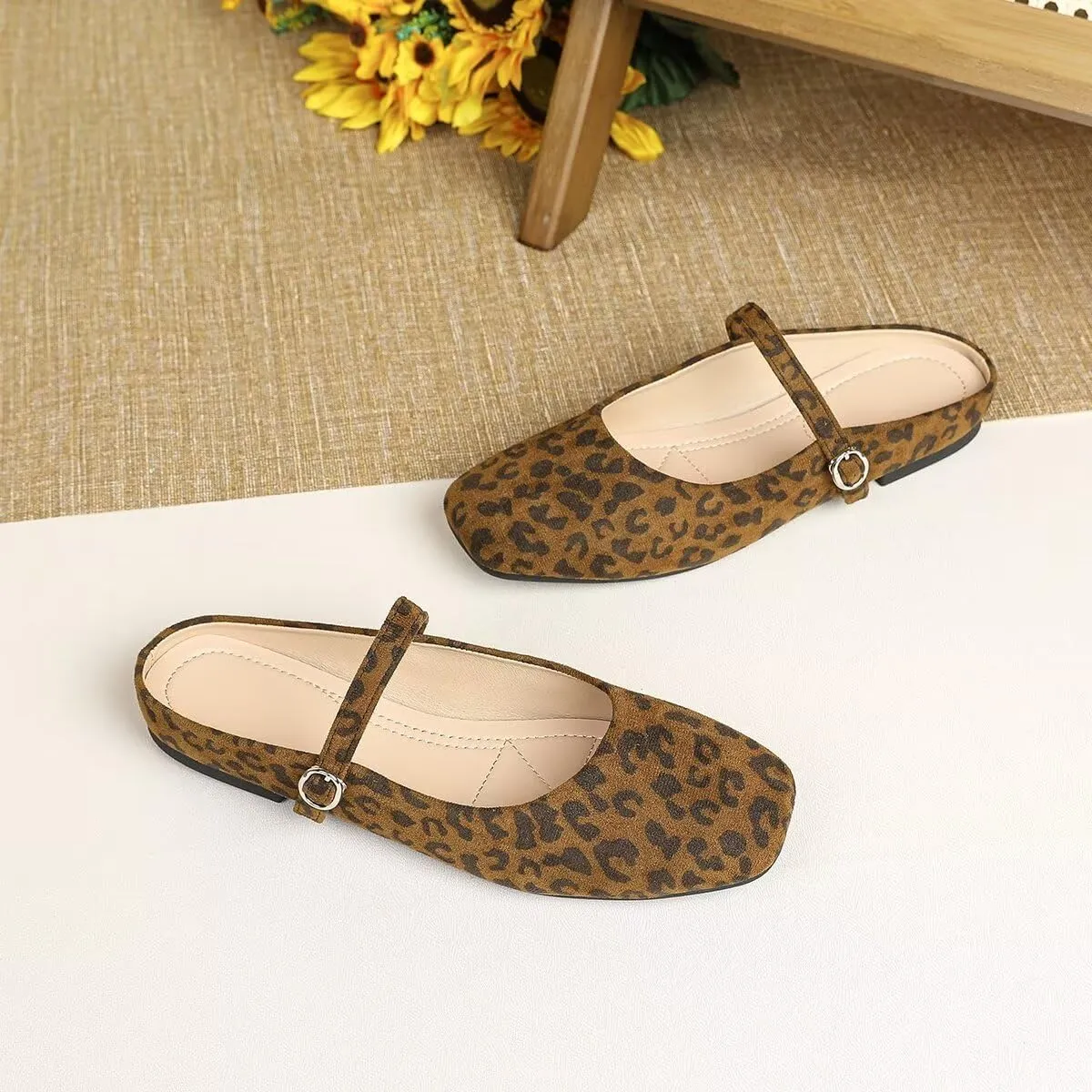 TN TANGNEST Women's Mary Jane Shoes Mules for Women Flats Retro One Line Strap Flats Cute Square Toe Backless Flat Mules