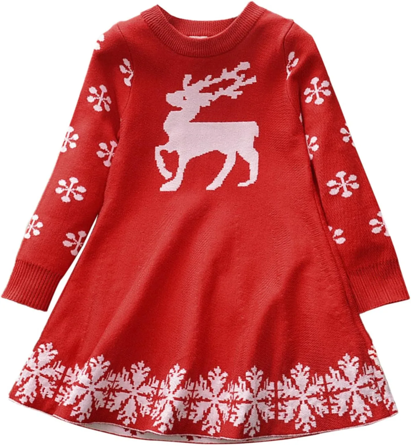ToddlBy Girls Christmas Dress Kids Long Sleeve Knit Sweater Dress Reindeer Snowflake Knitted Sweater (Red, 5-6 Years) b739