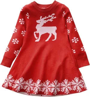 ToddlBy Girls Christmas Dress Kids Long Sleeve Knit Sweater Dress Reindeer Snowflake Knitted Sweater (Red, 5-6 Years) b739