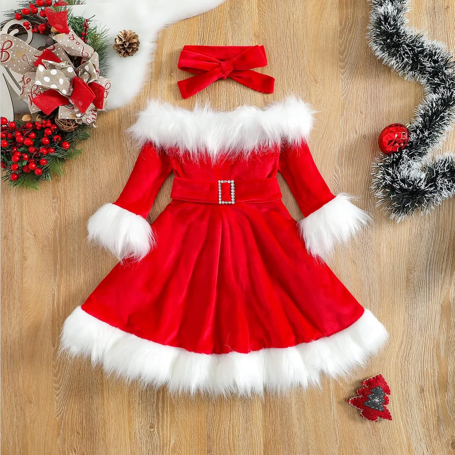 Toddler Baby Girl Christmas Outfit Xmas Dress Long Sleeve Velvet Dresses Fur Scarf Santa Hats 3Pcs