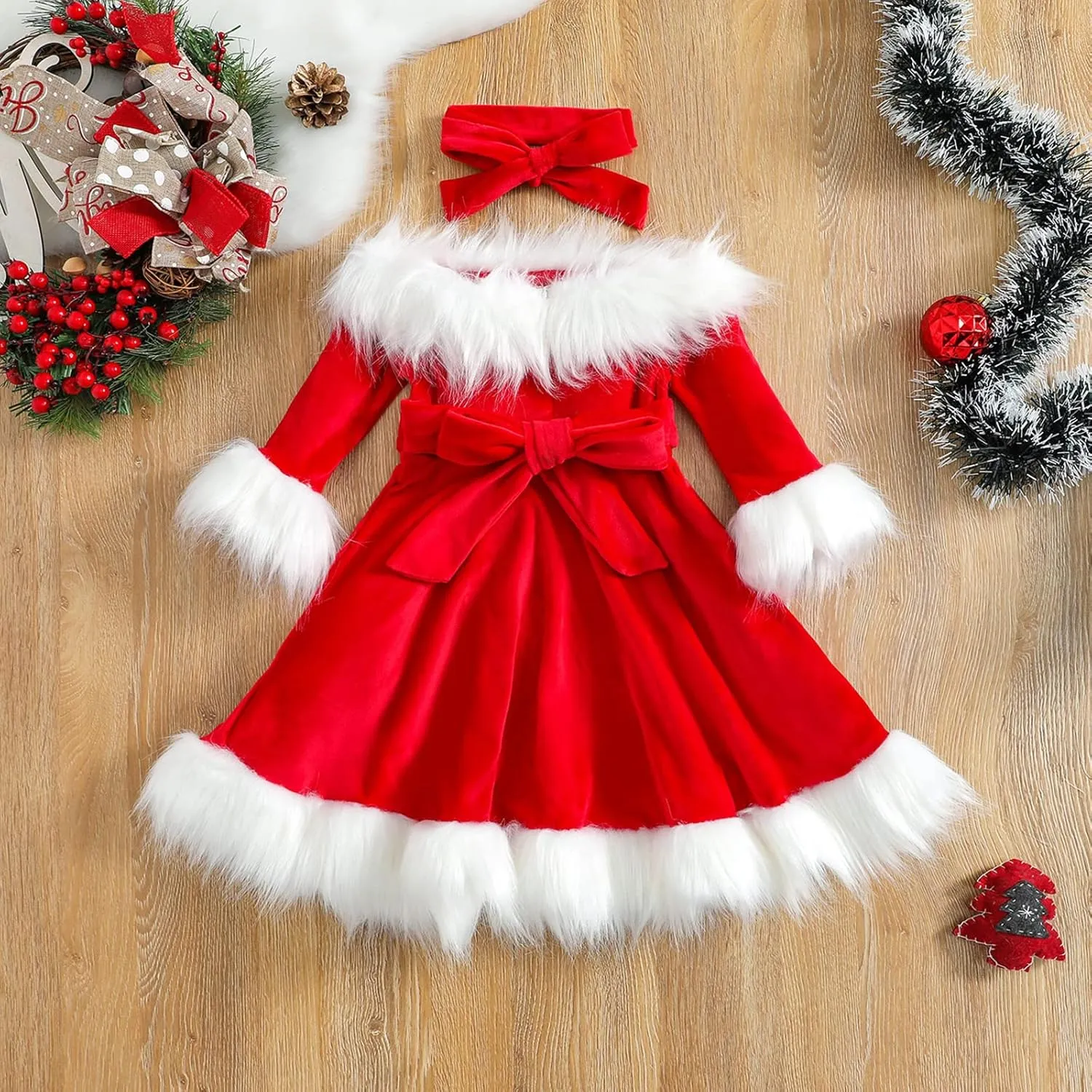 Toddler Baby Girl Christmas Outfit Xmas Dress Long Sleeve Velvet Dresses Fur Scarf Santa Hats 3Pcs