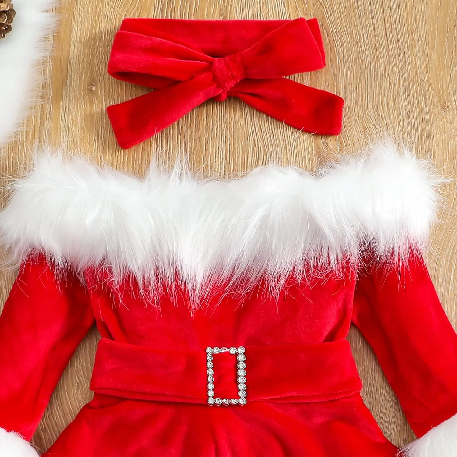 Toddler Baby Girl Christmas Outfit Xmas Dress Long Sleeve Velvet Dresses Fur Scarf Santa Hats 3Pcs