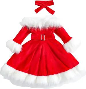 Toddler Baby Girl Christmas Outfit Xmas Dress Long Sleeve Velvet Dresses Fur Scarf Santa Hats 3Pcs