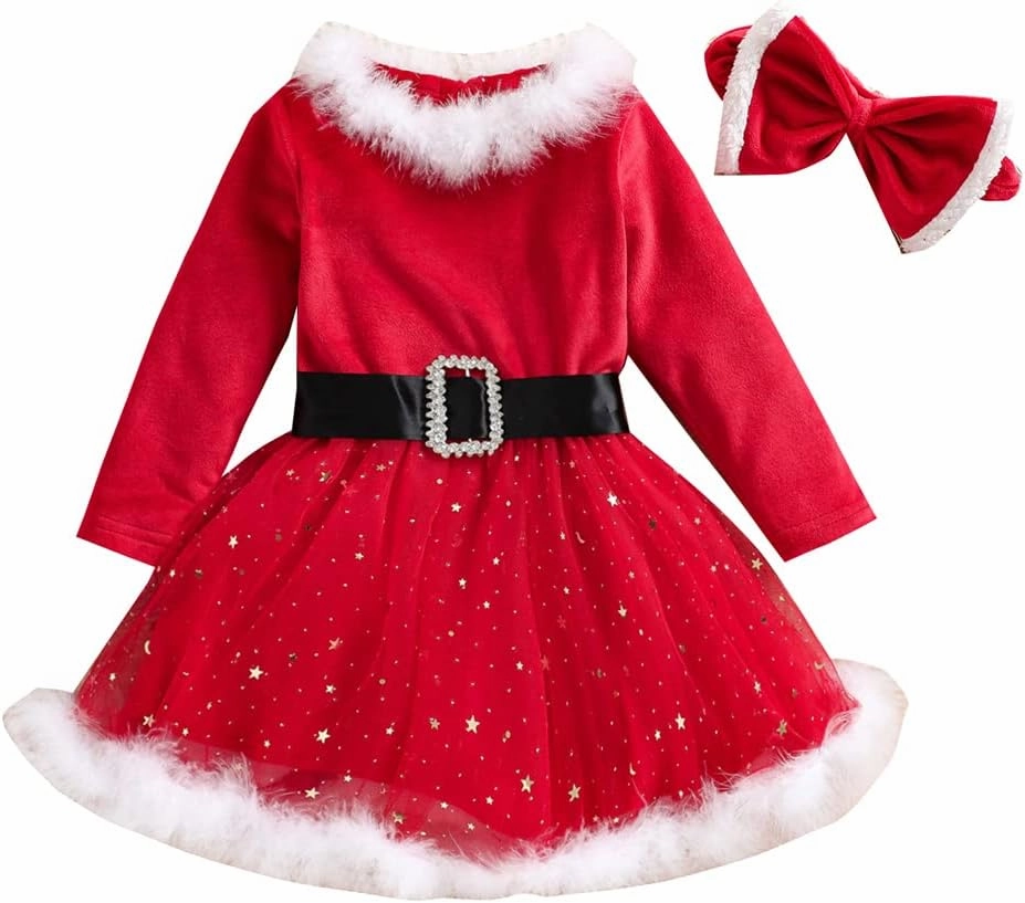 Toddler Baby Girl Christmas Outfit Xmas Dress Long Sleeve Velvet Dresses Fur Scarf Santa Hats 3Pcs