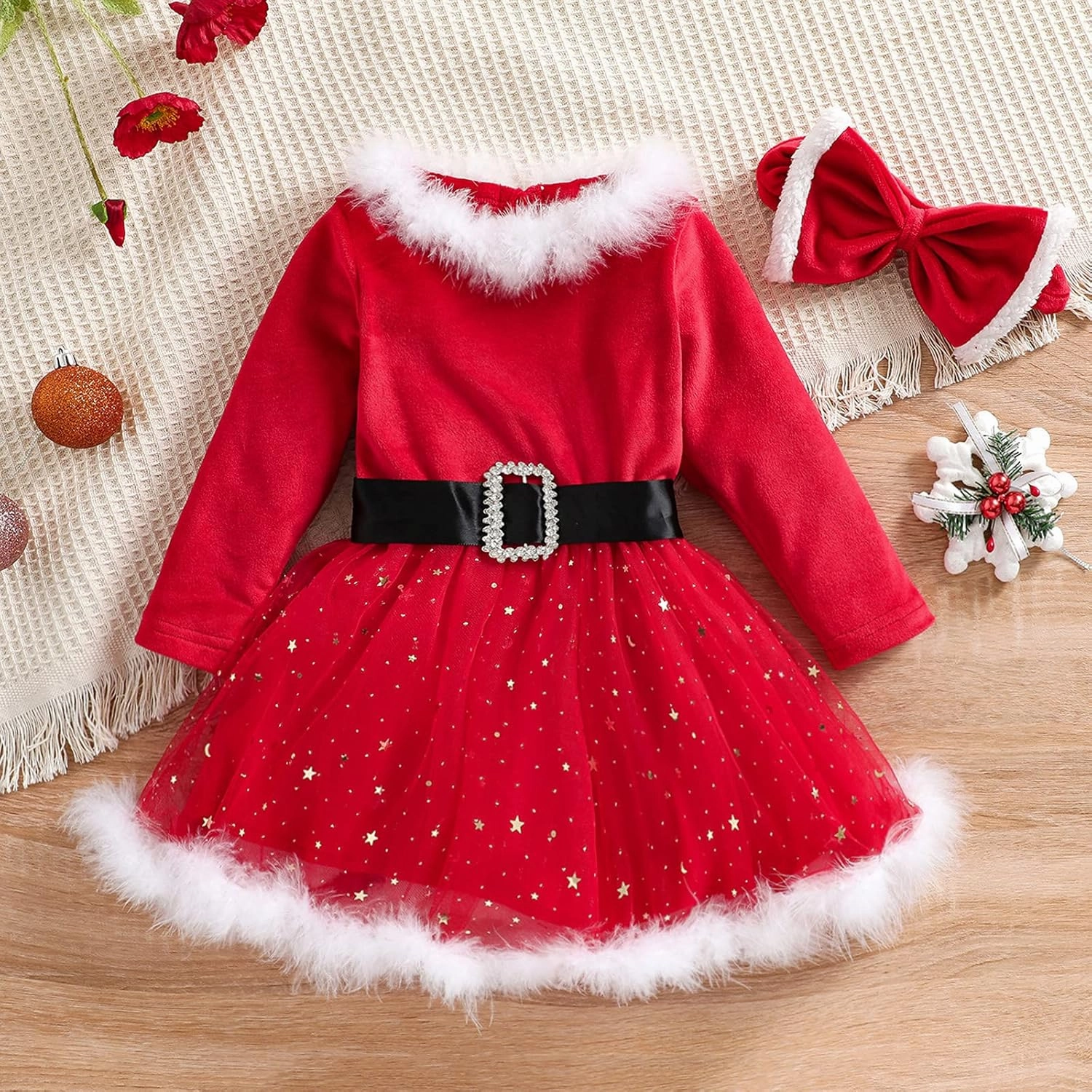 Toddler Baby Girl Christmas Outfit Xmas Dress Long Sleeve Velvet Dresses Fur Scarf Santa Hats 3Pcs