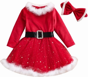 Toddler Baby Girl Christmas Outfit Xmas Dress Long Sleeve Velvet Dresses Fur Scarf Santa Hats 3Pcs