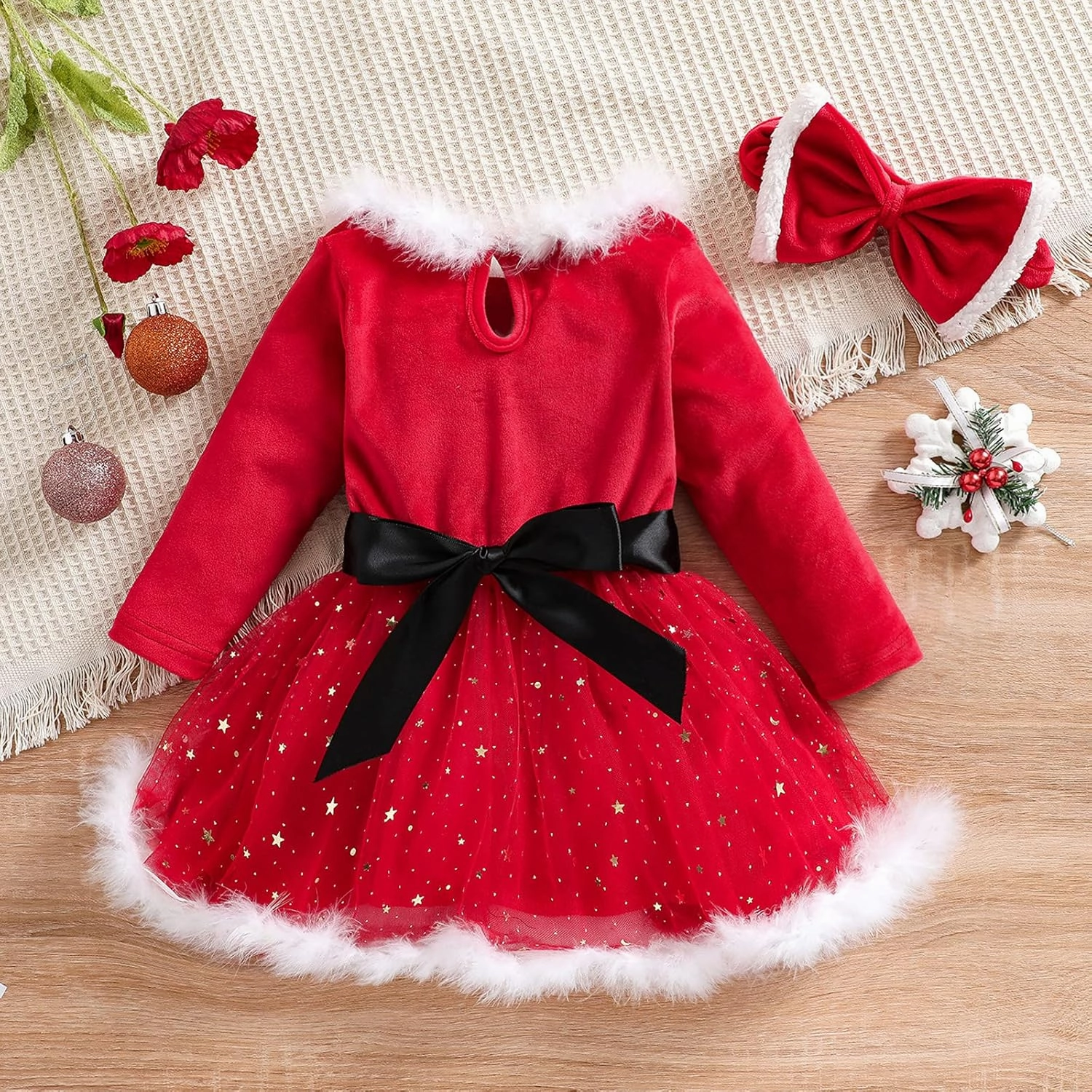 Toddler Baby Girl Christmas Outfit Xmas Dress Long Sleeve Velvet Dresses Fur Scarf Santa Hats 3Pcs