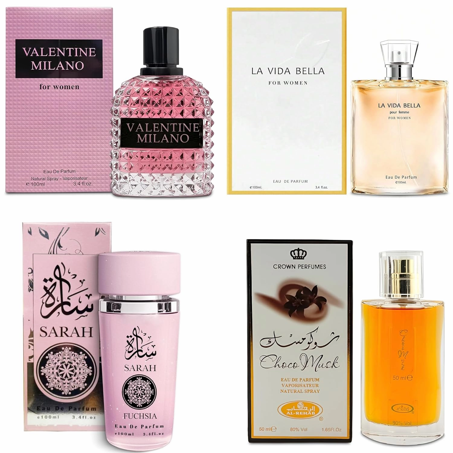 Top Sales 4 Piece Women Perfume Set Choco Musk/Valentine Milano/La Vida Bella/Sarah Fuchsia Eau de Parfum, Women's Fragrance Sets with Luxury Gift Box for Daily Use