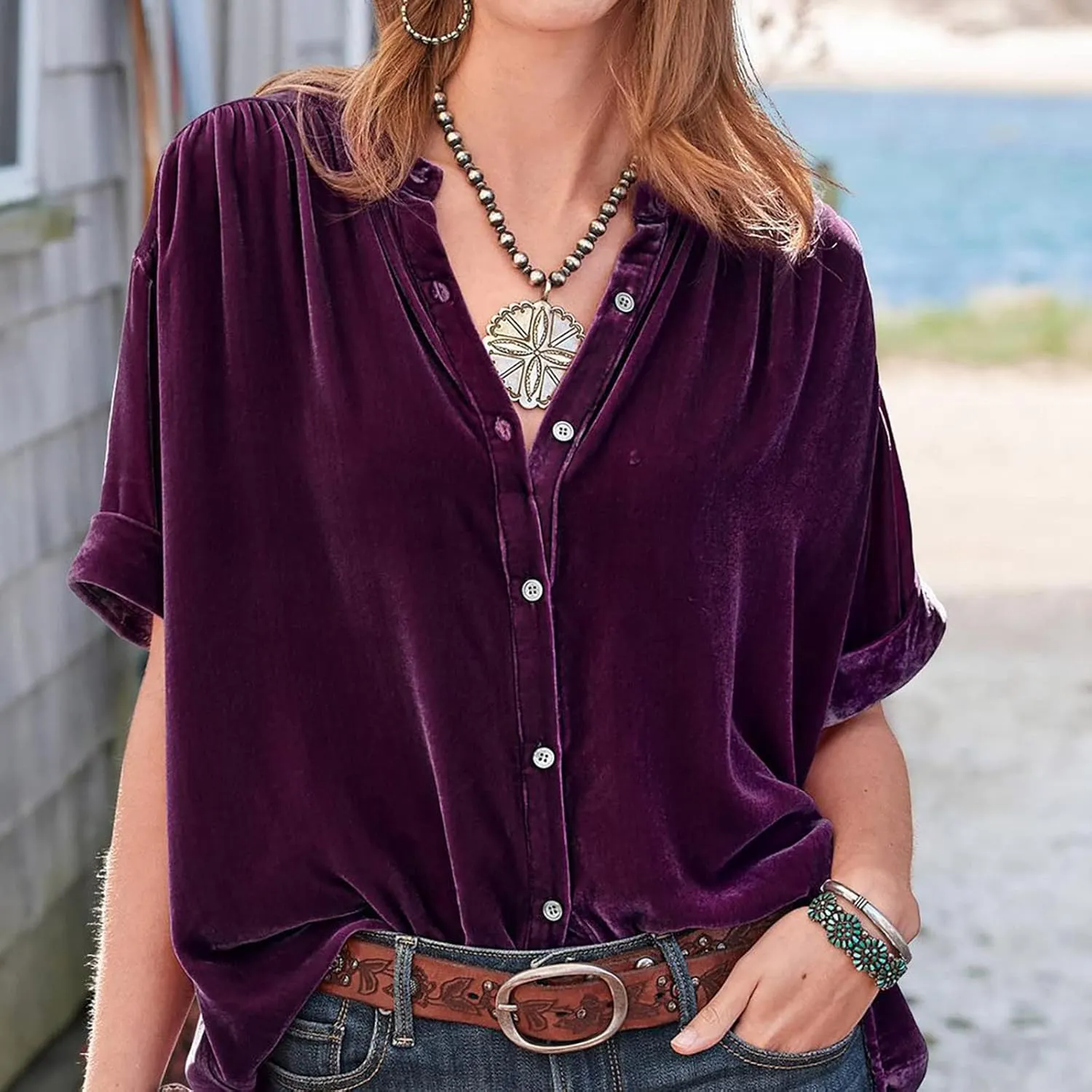 Tops for Women Lapel V Neck Solid Shirt Summer Velvet Tee Shirts Casual Roll Up Short Sleeve Button Down Blouses