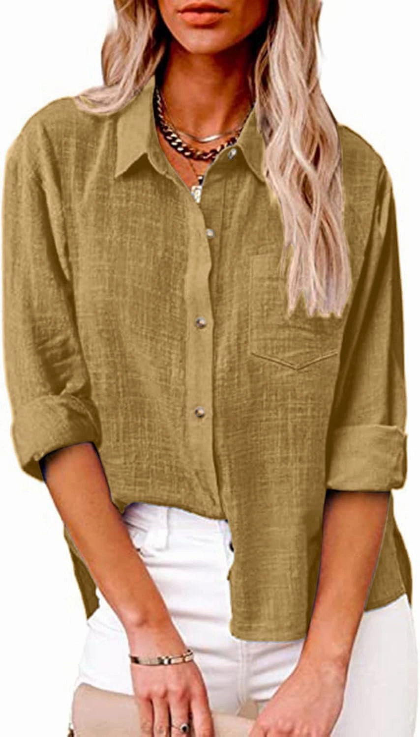 Tops for Women 2024 Cotton Linen Plus Size Long Sleeve Button Down Shirts Work Office Loose Casual Fit Clothes