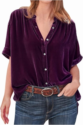 Tops for Women Lapel V Neck Solid Shirt Summer Velvet Tee Shirts Casual Roll Up Short Sleeve Button Down Blouses