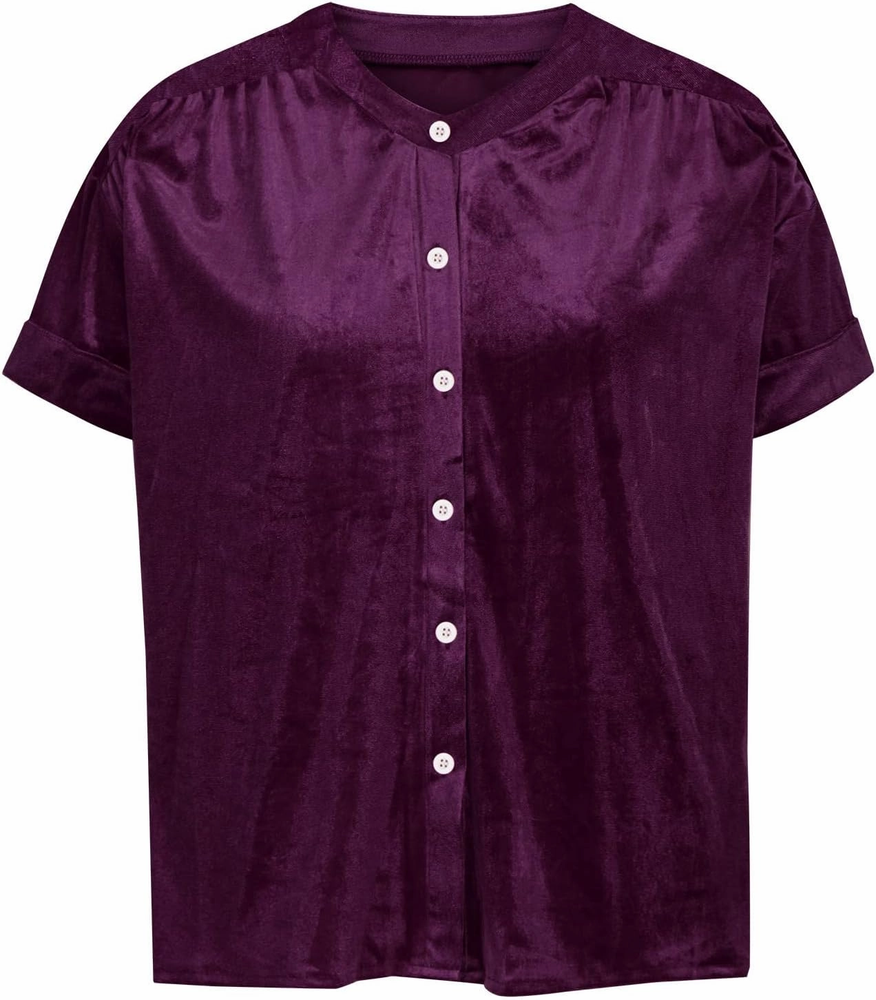 Tops for Women Lapel V Neck Solid Shirt Summer Velvet Tee Shirts Casual Roll Up Short Sleeve Button Down Blouses